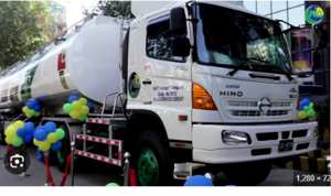 Falcon Enterprises Hino diesel/petrol tanker truck decorated with balloons at launch event