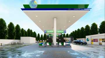 PSO Altron petrol station rendering with two fuel dispensers under a canopy